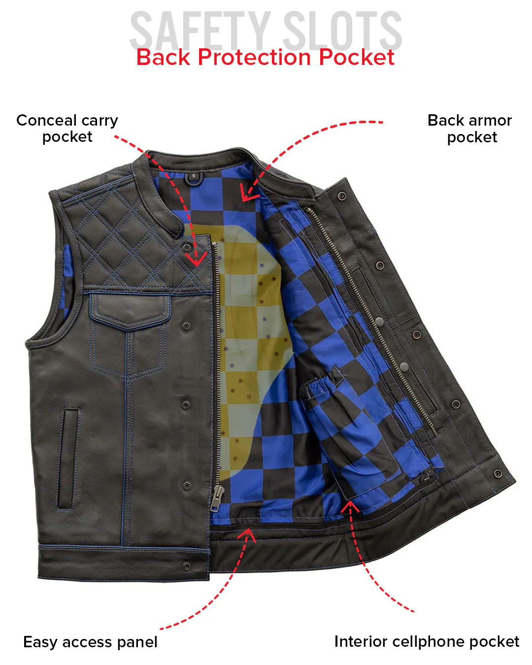 Finish Line - Blue Checker - Men's Motorcycle Leather Vest - Image 7