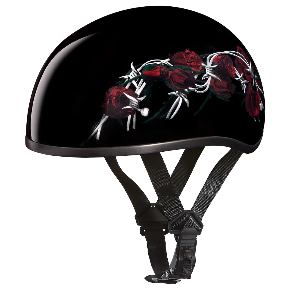 DOT Approved Daytona Motorcycle Half Face Helmet - Skull Cap Graphics for Men & Women, Scooters, ATVs, UTVs & Choppers - W/ Barbed Roses