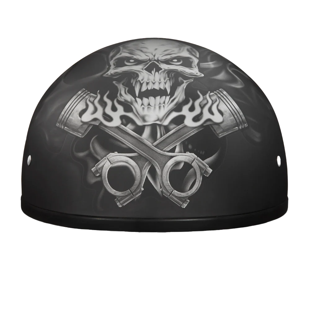 DOT Approved Daytona Motorcycle Half Face Helmet - Skull Cap Graphics for Men & Women, Scooters, ATVs, UTVs & Choppers - W/ Pistons Skull