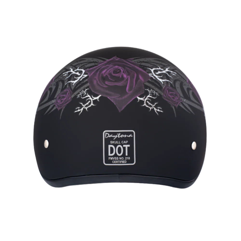 DOT Approved Daytona Motorcycle Half Face Helmet - Skull Cap Graphics for Men & Women, Scooters, ATVs, UTVs & Choppers - W/ Purple Rose