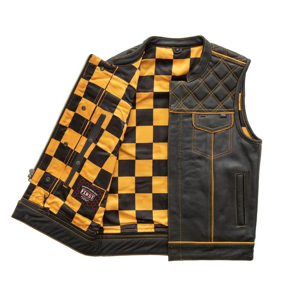 Finish Line - Gold Checker - Men's Motorcycle Leather Vest - Image 5