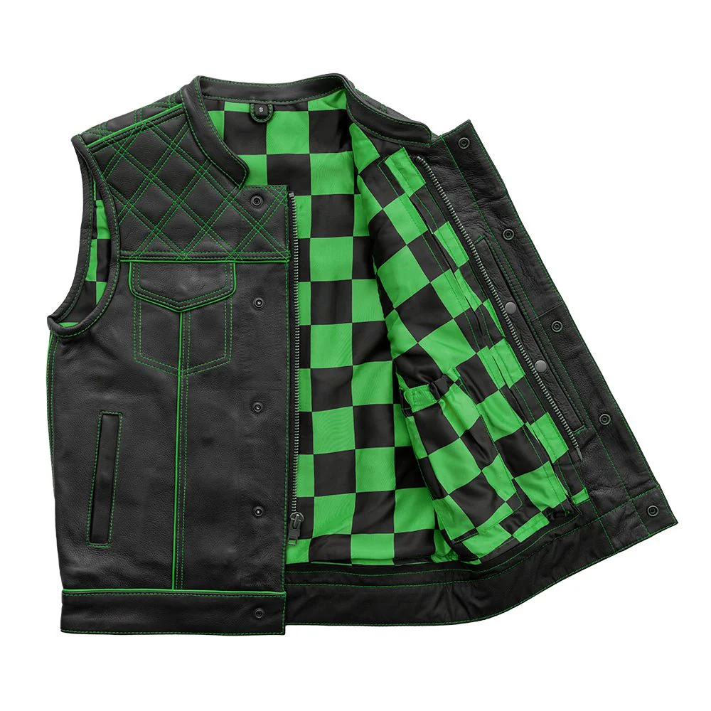 Finish Line - Green Checker - Men's Motorcycle Leather Vest - Image 4
