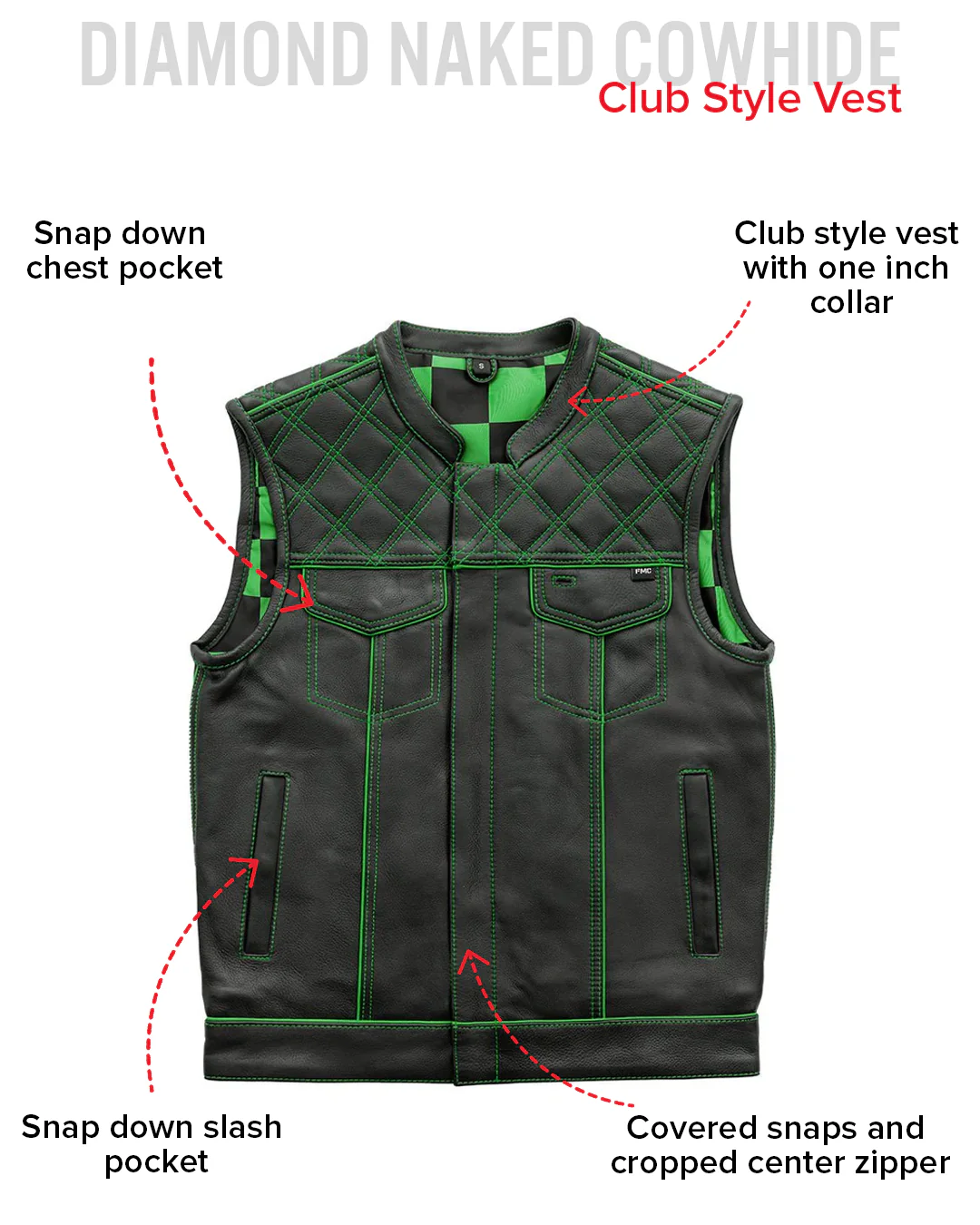 Finish Line - Green Checker - Men's Motorcycle Leather Vest - Image 6