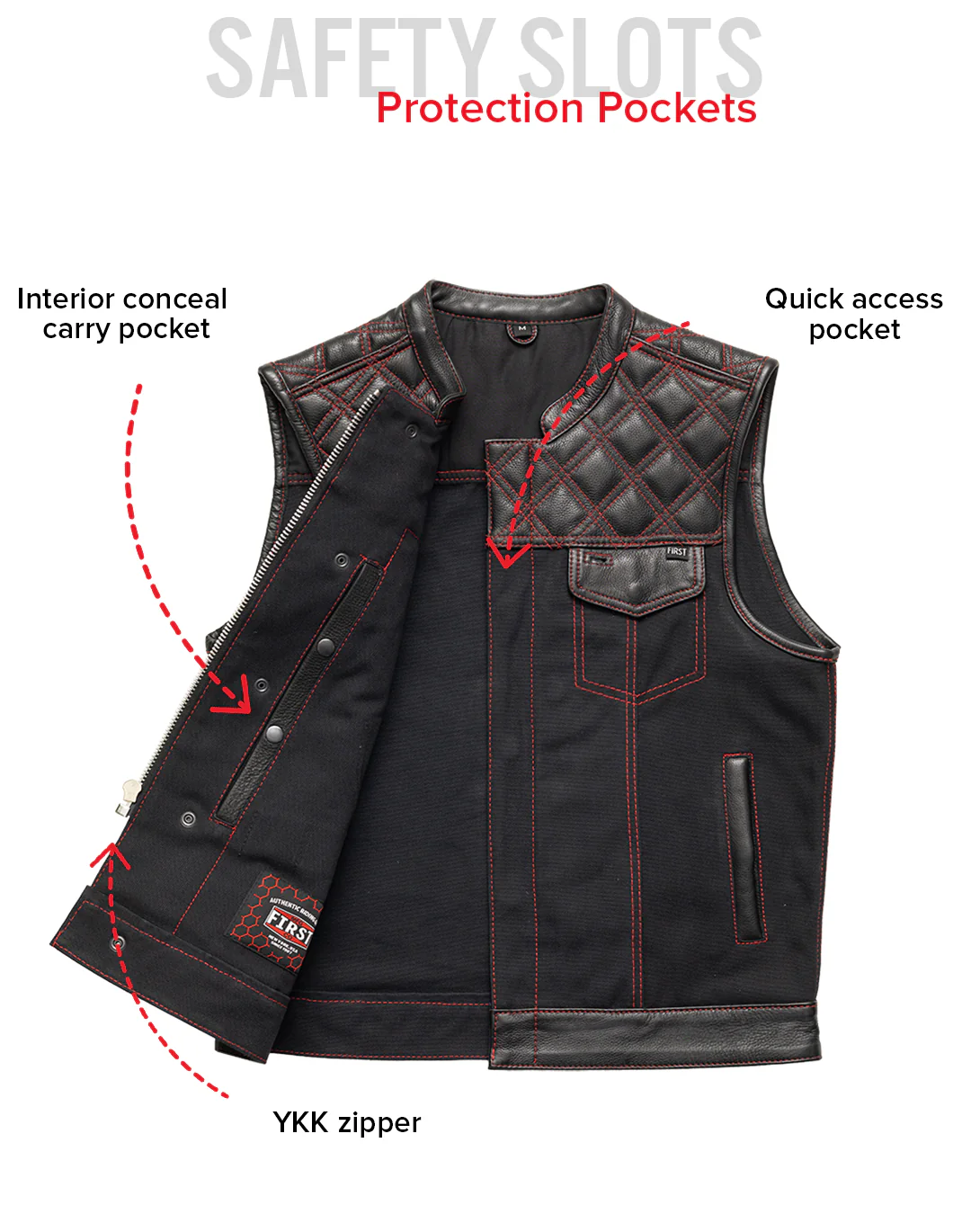 Hunt Club Motorcycle Leather Canvas Vest Black/Red - Image 8