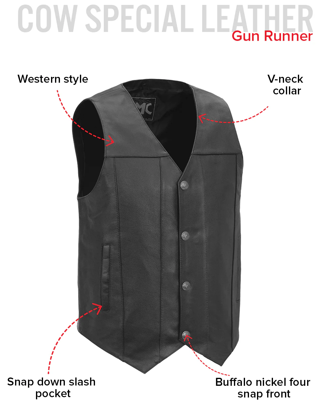 Gun Runner Men's Motorcycle Western Style Leather Vest - Image 7