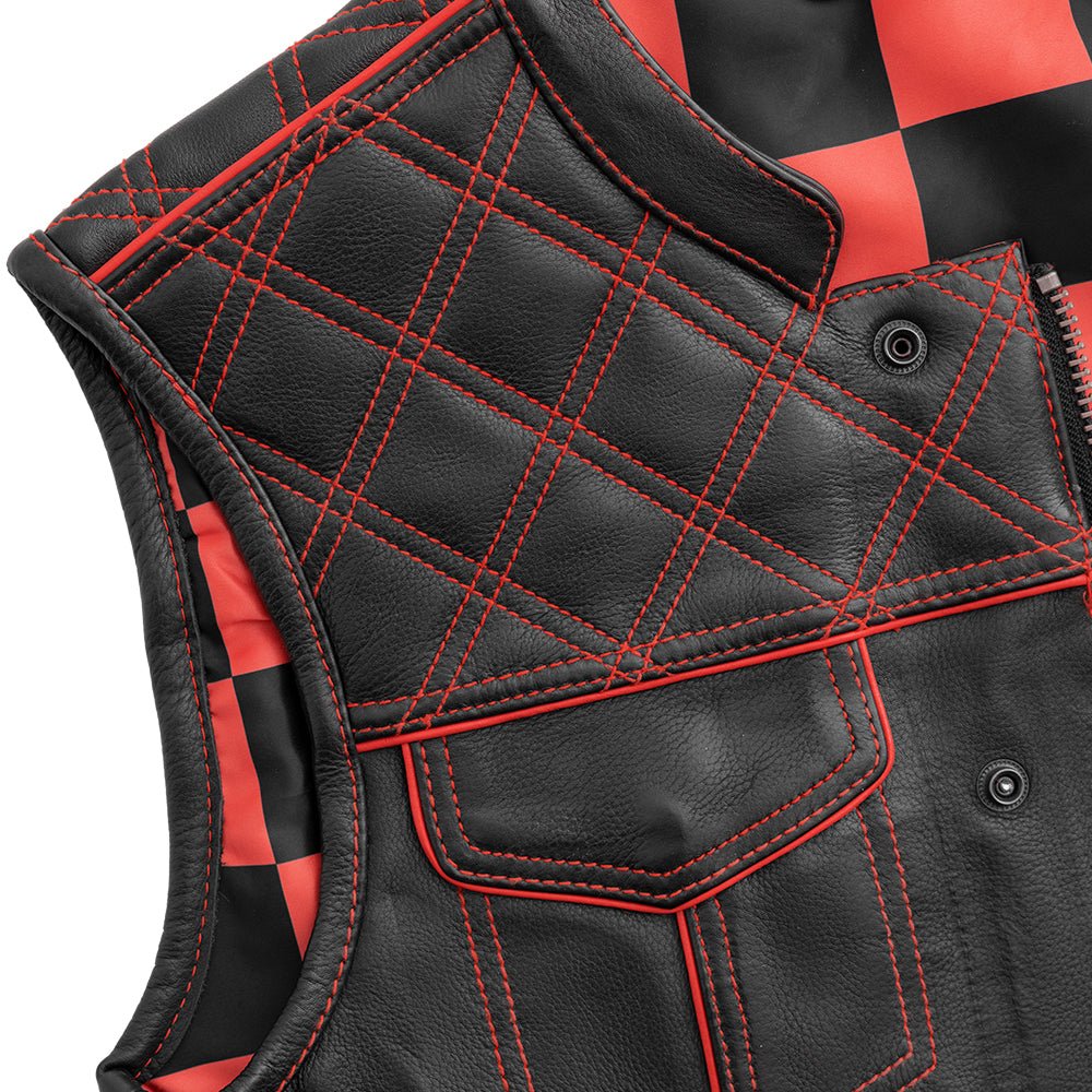 Finish Line - Red Checker - Men's Motorcycle Leather Vest - Image 3