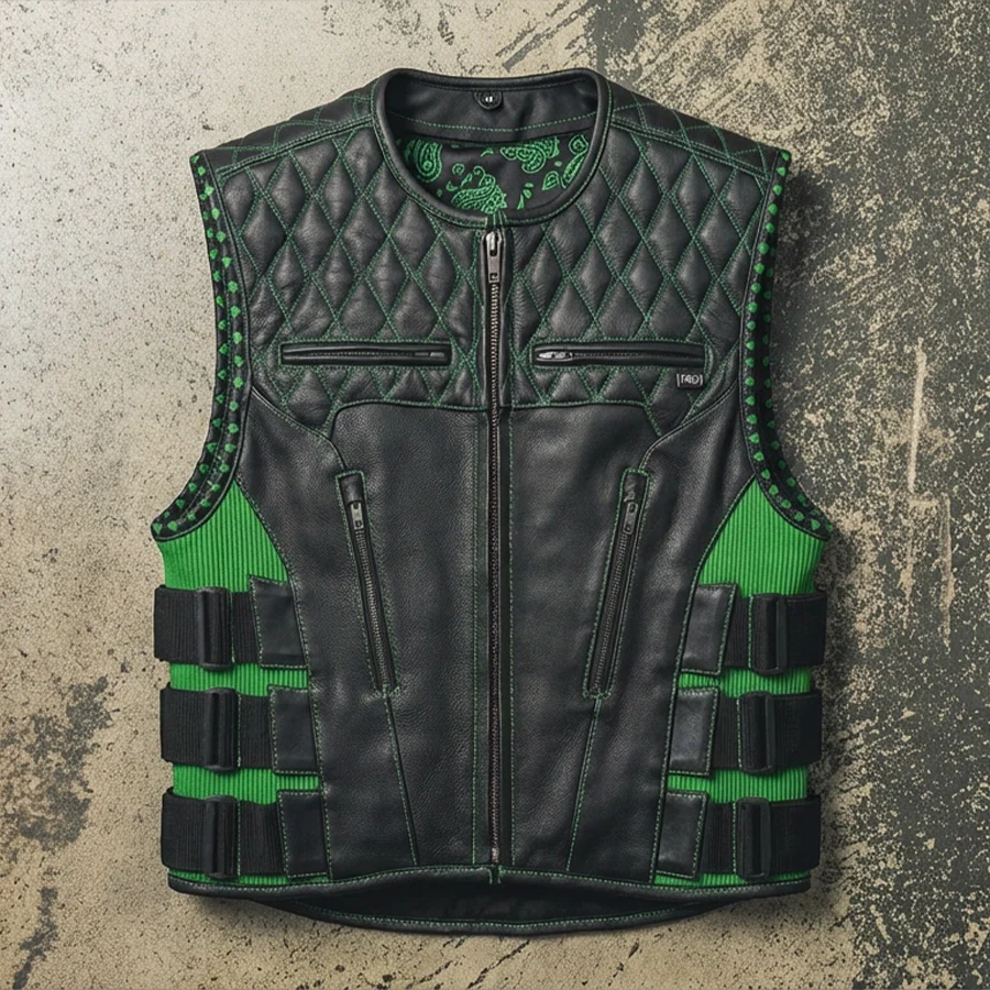 Tactical Emerald Men’s Motorcycle Leather Vest - Image 3