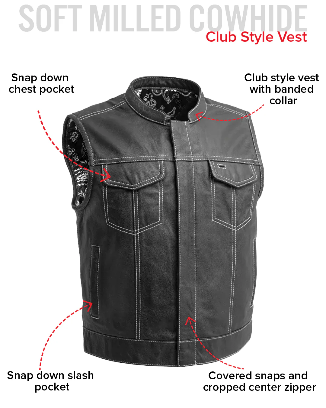 The Club Cut Men's Motorcycle Leather Vest, Multiple Color Options - Image 55