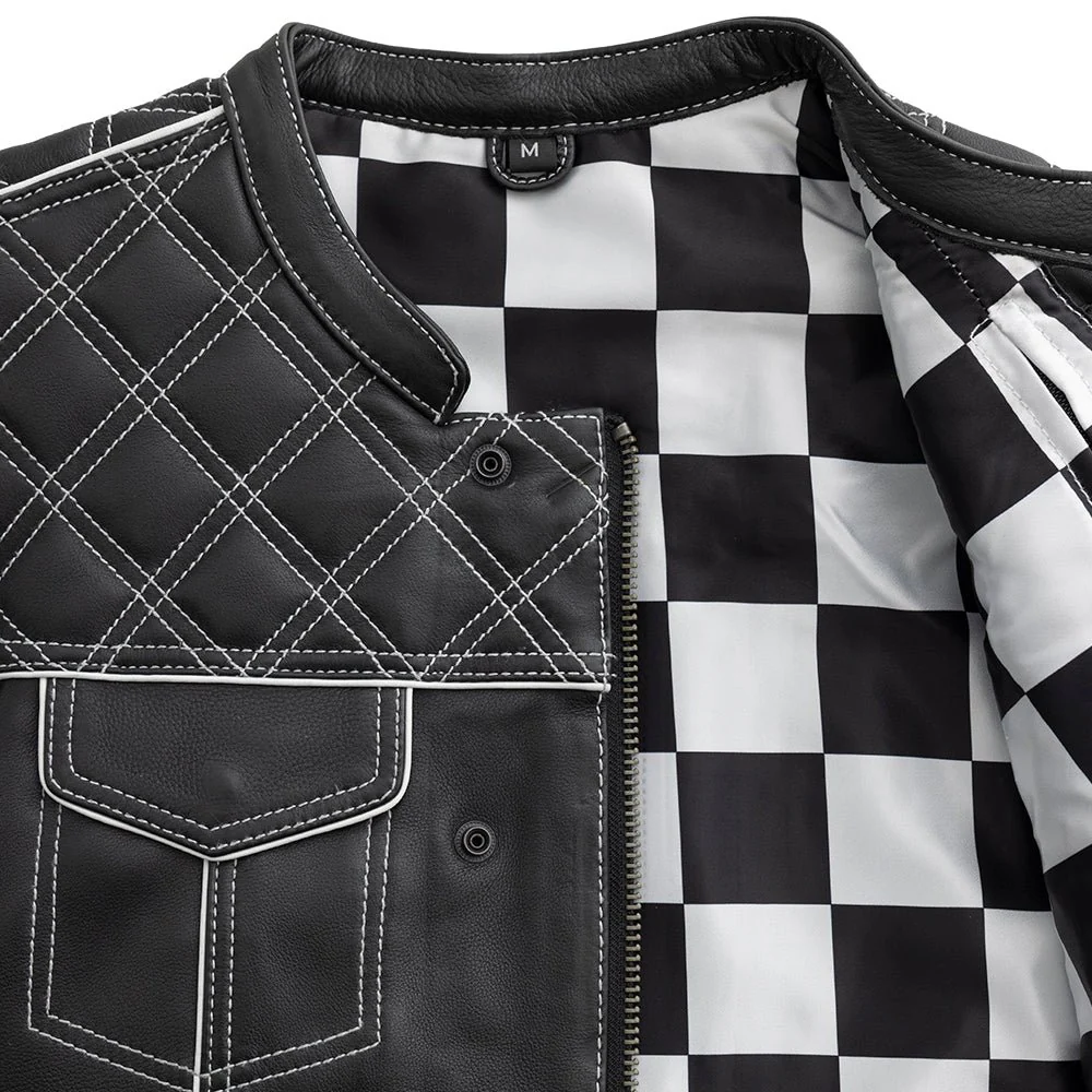 Finish Line - White Checker - Men's Motorcycle Leather Vest - Image 3
