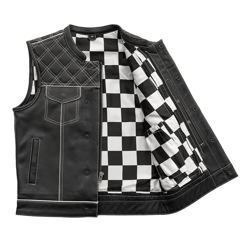 Finish Line - White Checker - Men's Motorcycle Leather Vest - Image 4