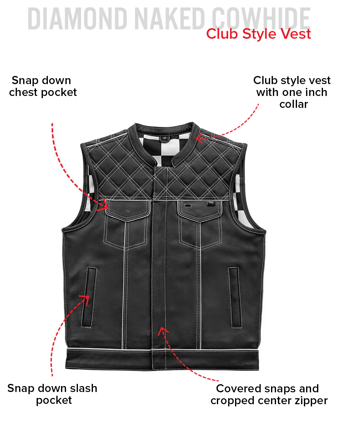 Finish Line - White Checker - Men's Motorcycle Leather Vest - Image 6