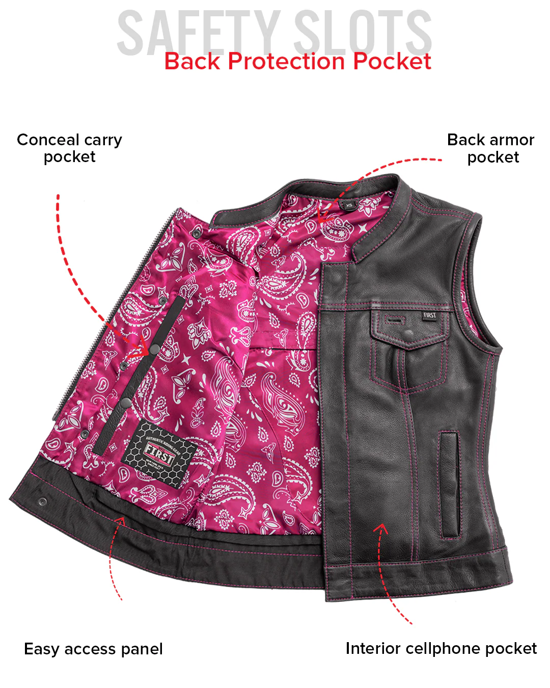 Jessica Women's  Motorcycle Leather Vest - Pink - Limited Edition - Image 9